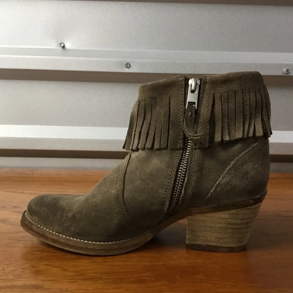 Allsaints Women Brown Suede Fringe Side Zip Western BOHO Ankle Boot Size 38EU